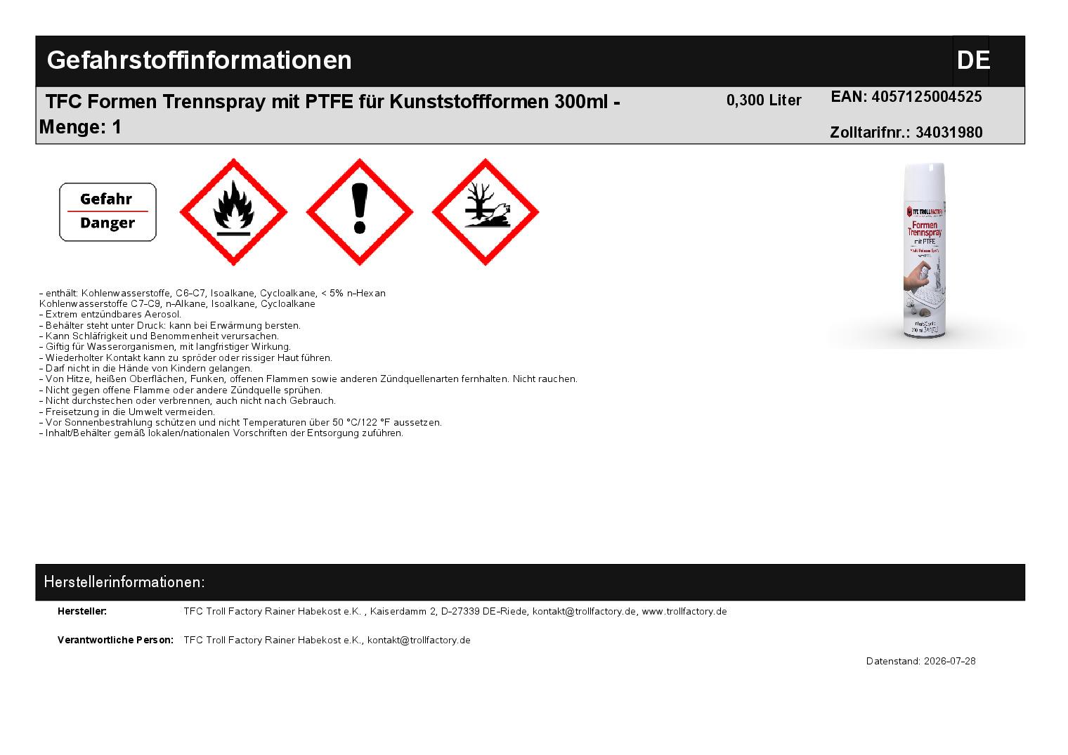TFC Formen Trennspray mit PTFE für Kunststoffformen 300ml